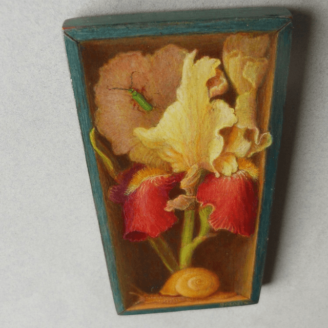Trompe l'oeil painting of an iris and a snail in a blue box