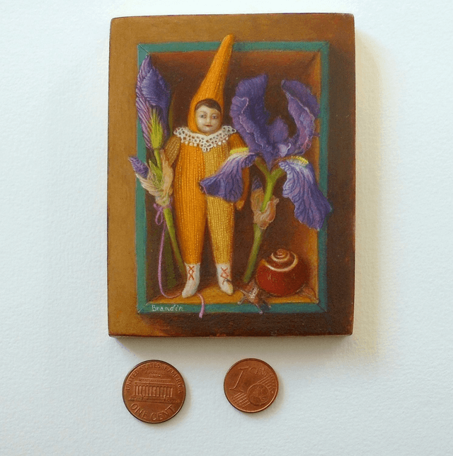 Miniature trompe l'oeil painting with pixie and iris flowers (sold out)