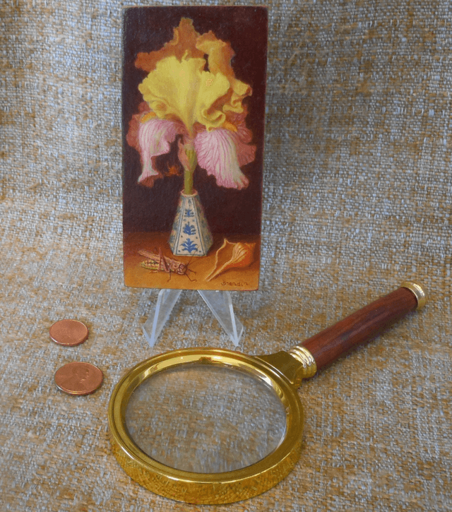 Small original oil painting, still life of a yellow and pink iris with a porcelain vase, a grasshopper and a seashell