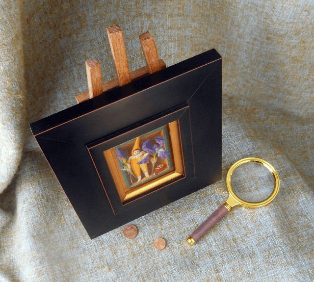 Miniature trompe l'oeil painting with pixie and iris flowers (sold out)