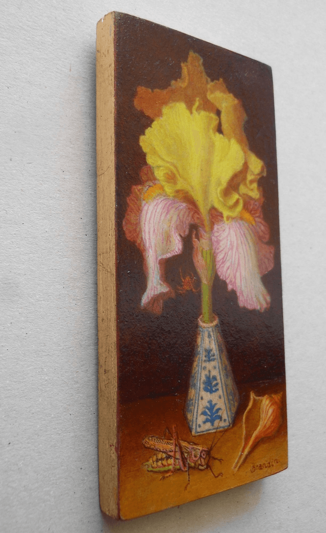 Small original oil painting, still life of a yellow and pink iris with a porcelain vase, a grasshopper and a seashell