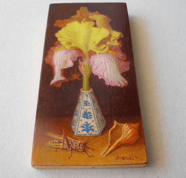 Small original oil painting, still life of a yellow and pink iris with a porcelain vase, a grasshopper and a seashell