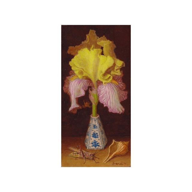 Small original oil painting, still life of a yellow and pink iris with a porcelain vase, a grasshopper and a seashell