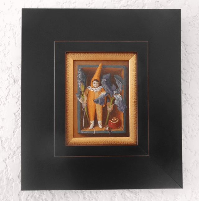 Miniature trompe l'oeil painting with pixie and iris flowers (sold out)