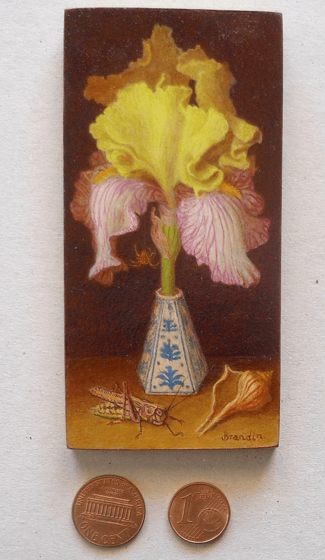 Small original oil painting, still life of a yellow and pink iris with a porcelain vase, a grasshopper and a seashell