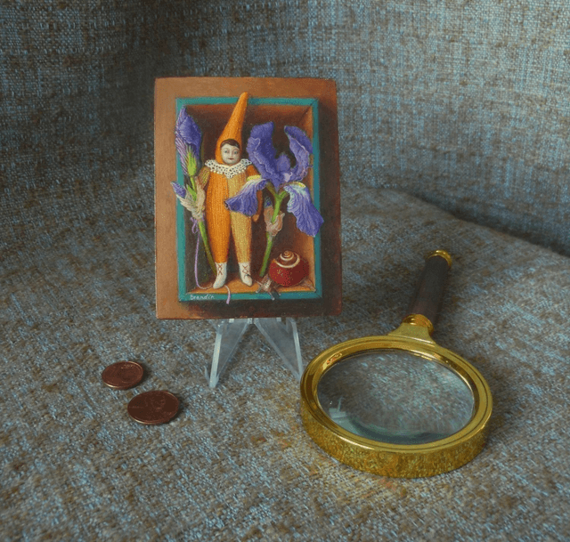 Miniature trompe l'oeil painting with pixie and iris flowers (sold out)