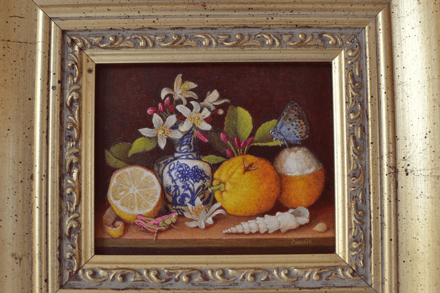 Still life with lemons, cricket and seashell