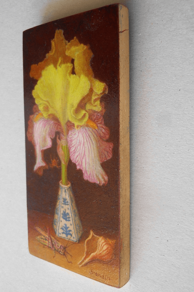 Small original oil painting, still life of a yellow and pink iris with a porcelain vase, a grasshopper and a seashell