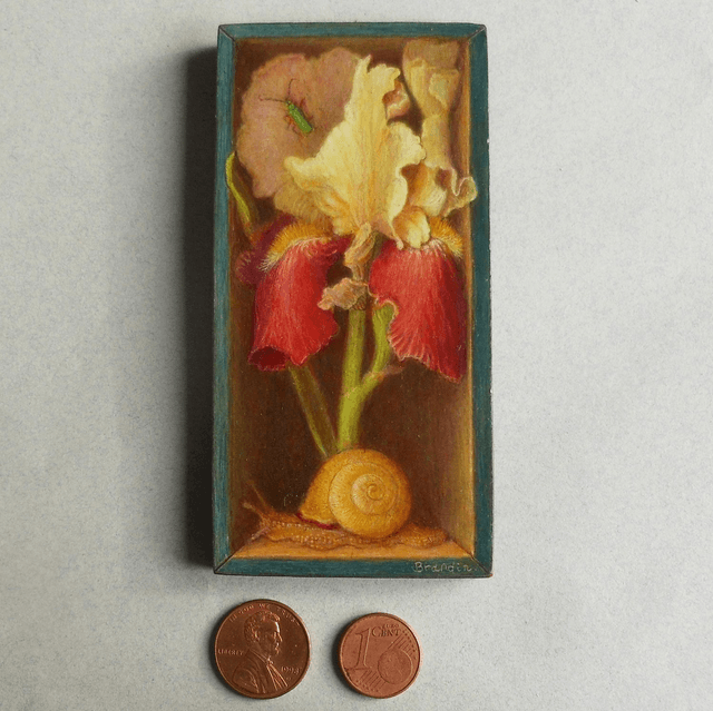 Trompe l'oeil painting of an iris and a snail in a blue box