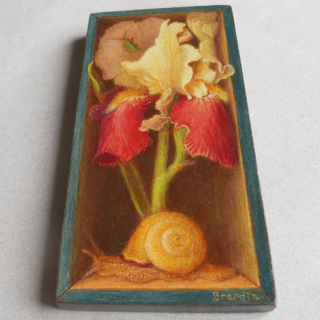 Trompe l'oeil painting of an iris and a snail in a blue box