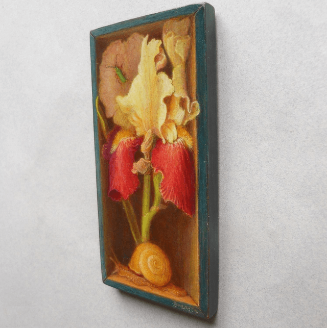 Trompe l'oeil painting of an iris and a snail in a blue box